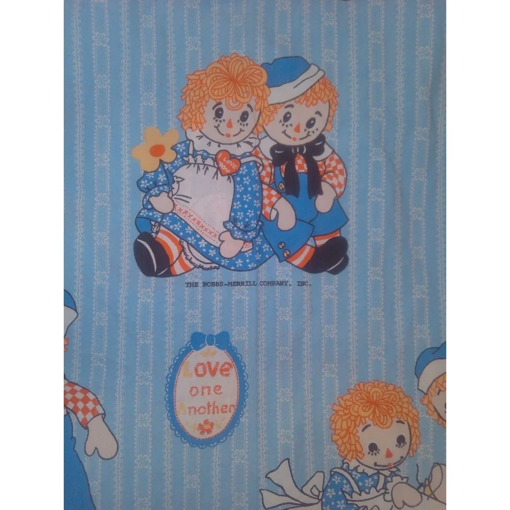 Vintage Raggedy Ann and Andy Twin Fitted Sheet Bobbs-Merrill Co Inc 1970s Blue